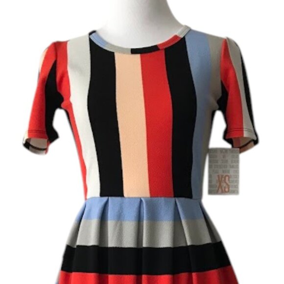 NWT Lularoe Amelia Dress XS – Striped Fit & Flare w/ Pockets & Back Zip Dopamine - Picture 3 of 7